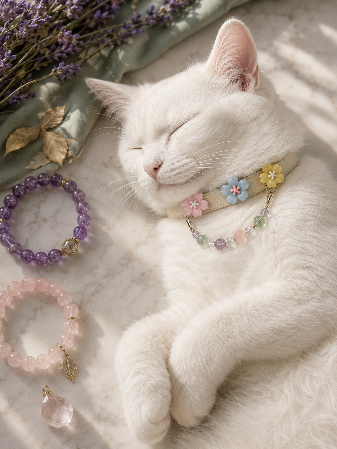 White cat wearing a crystal collar beside amethyst and rose quartz bracelets